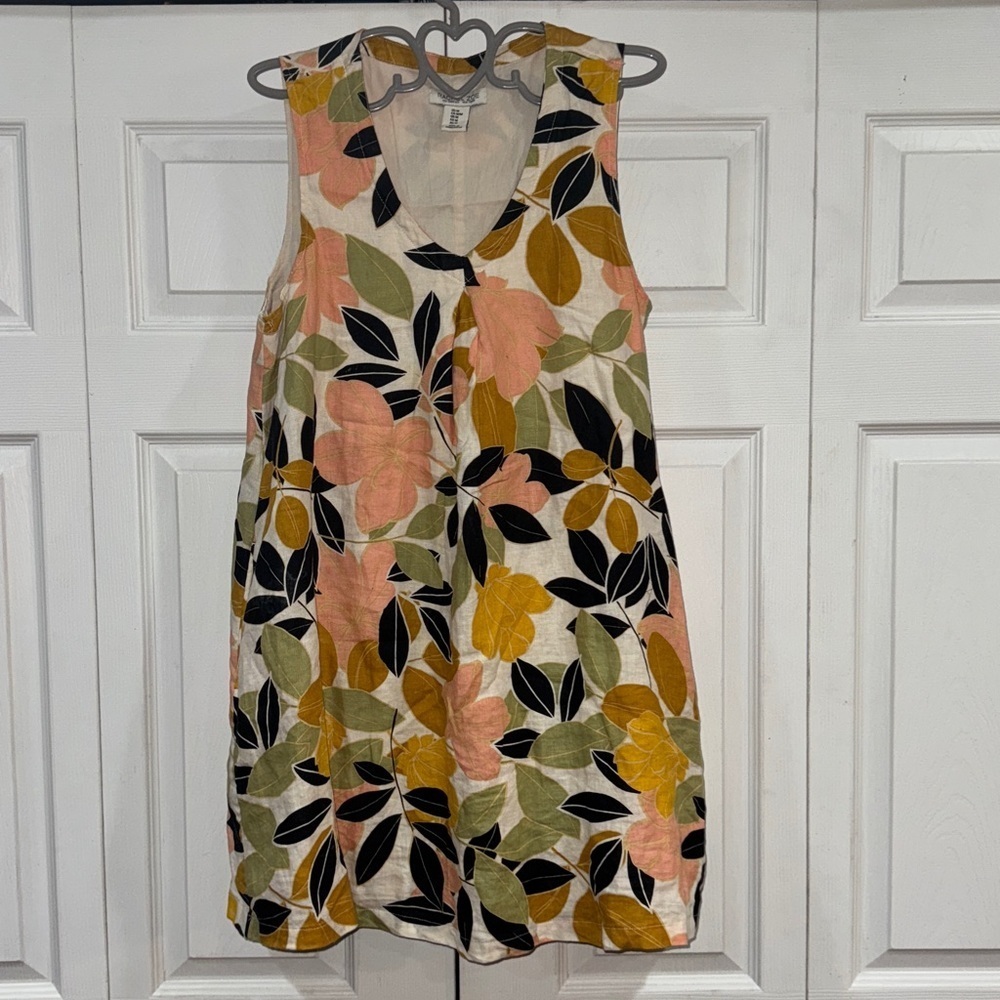 Rachel Zoe Linen Floral V Neck Sleeveless Trapeze Dress  with Pockets